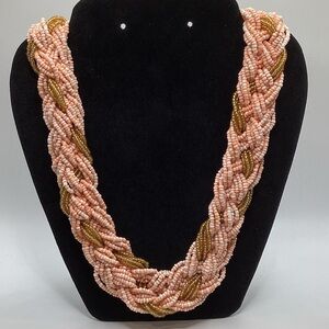 Peach and Gold Braided Bead Necklace